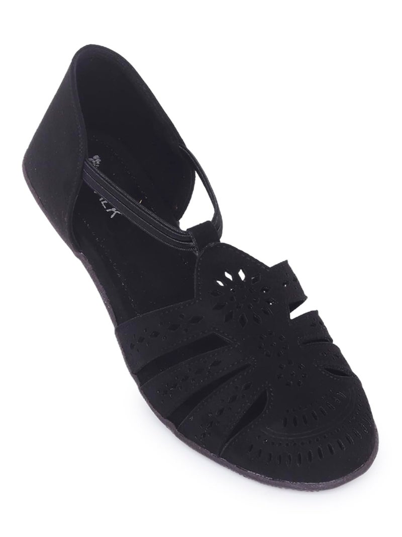 V-WALK Women's Laser-Cut Design Daily-Wear Casuals Ankle-Strap Flat Sandals | Casual, Office, College, Work, Shopping, Outdoor Sandals for Women | Black - Image 1