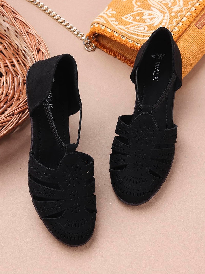 V-WALK Women's Laser-Cut Design Daily-Wear Casuals Ankle-Strap Flat Sandals | Casual, Office, College, Work, Shopping, Outdoor Sandals for Women | Black - Image 2