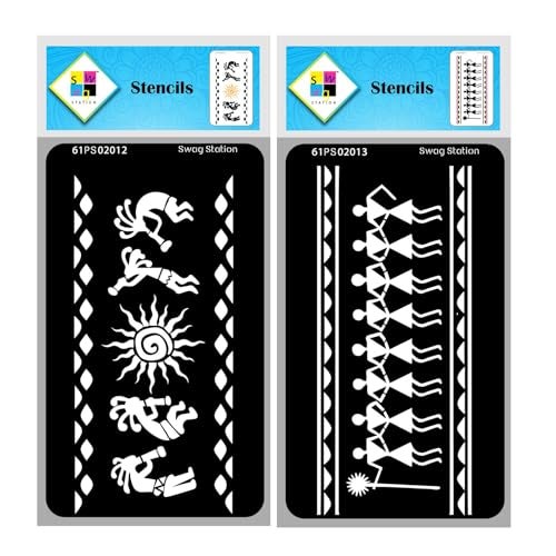 SWAGSTATION Tribal Art Stencil - Border Stencils for Craft - Kokopelli Border Stencil & Warli Border Stencil - 4X8 Inch - 2 Pcs - Reusable DIY Stencils for Borders - Border Design Stencils for Wall - Image 1