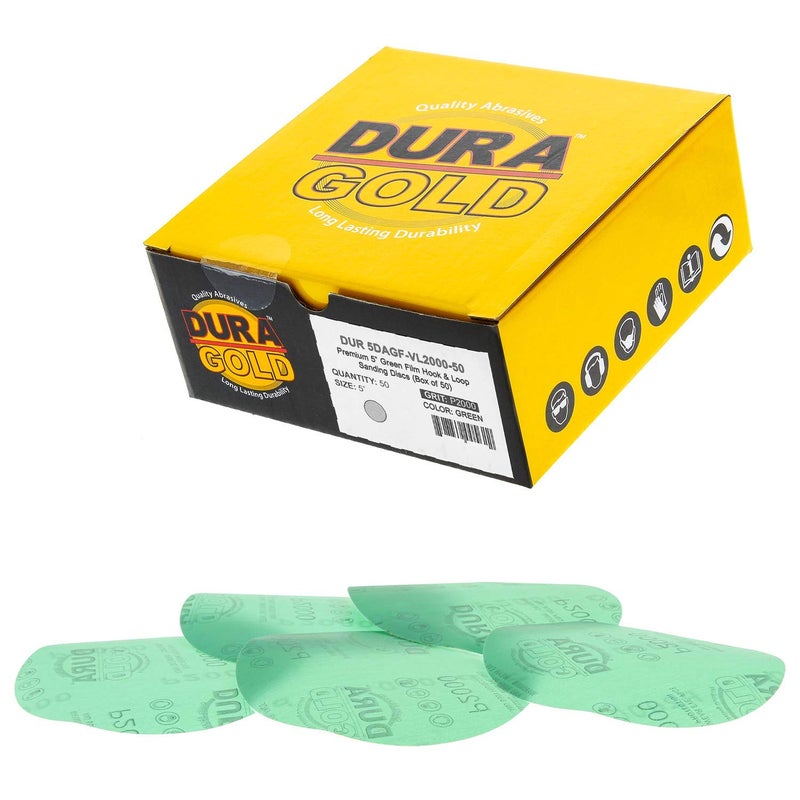 DuraGold Premium 5 Green Film Sanding Discs 2000 Grit Box of 50 Hook Loop Backing Sandpaper Discs for DA Sanders Finishing Cut Abrasive Sand Automotive Paint Car Detailing Woodworking Wood