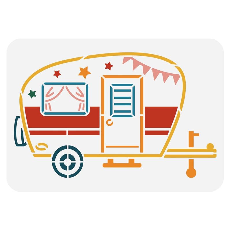 Devasya Crafts Camping Reusable Drawing Stencils, 11.7x8.3 Plastic Happy Camper Plastic DIY Craft Template for Painting on Scrapbook Fabric Floor Furniture Wood - Image 1