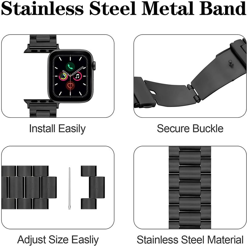 Sounce Stainless Steel Band for Apple Watch Strap Ultra/Ultra 2 Link Bracelet 49mm 44mm 45mm 42mm, Metal Strap with Folding Clasp for Apple Watch Series 9 8 7 6 5 4 3 2 1 SE - Black - Image 5