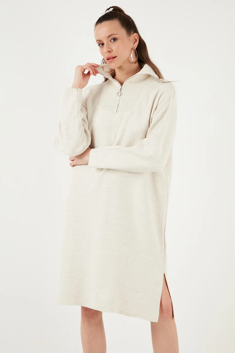 ليلا Half Zipper Slit Knit Dress Women's Dress 4615213