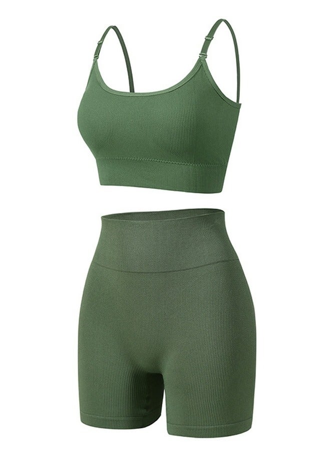 Loquat Women's Solid Color Sport Fitness Lingerie Set 2-piece Seamless Wireless Bra+High Waist Boxer Shorts Sport Suit Army Green 