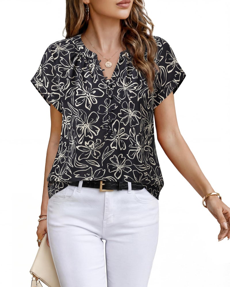 Timeson Womens Business Casual Tops: Short Sleeve Office Work Shirts Dressy Blouses for Women Formal Professional Lightweight Polyester Job Spring Outfits - Summer Clothes Ladies Elegant Career Wear L - Image 1