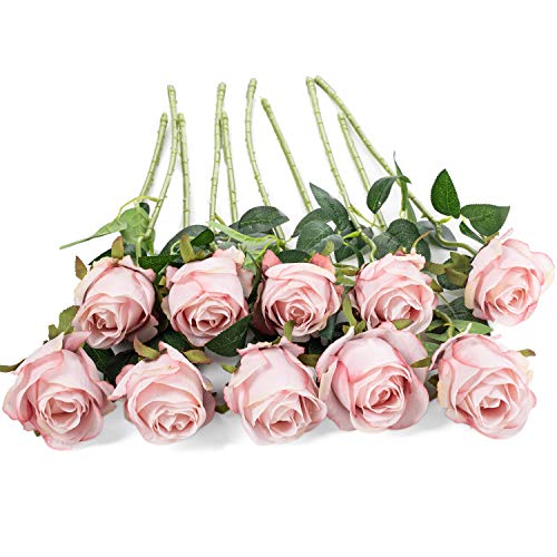 Flojery 10pcs Artificial Rose Flowers Long Stem Fake Silk Roses for DIY Wedding Bouquet Table Centerpiece Home Decor (Light Pink) - Image 2