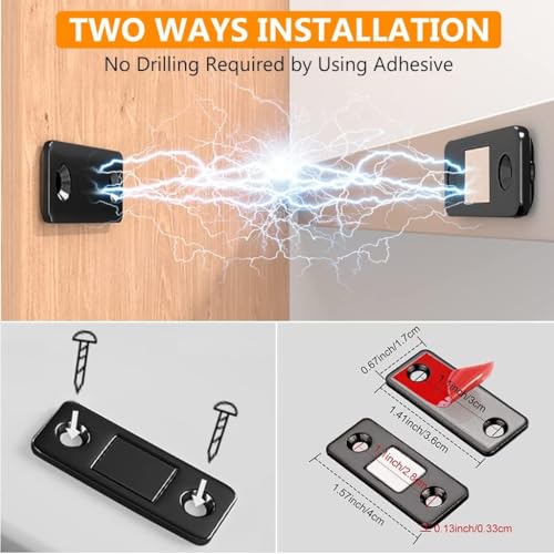 JIALTO 2 Pcs Magnetic Door Catch, Ultra Thin Cabinet Magnetic Catch with Strong Adhesive Sticker & Screws, Drawer Locks Furniture Safety Latches for Kitchen Cupboard Closet (Black, 2) - Image 4