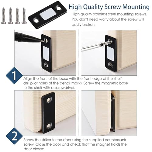 JIALTO 2 Pcs Magnetic Door Catch, Ultra Thin Cabinet Magnetic Catch with Strong Adhesive Sticker & Screws, Drawer Locks Furniture Safety Latches for Kitchen Cupboard Closet (Black, 2) - Image 5