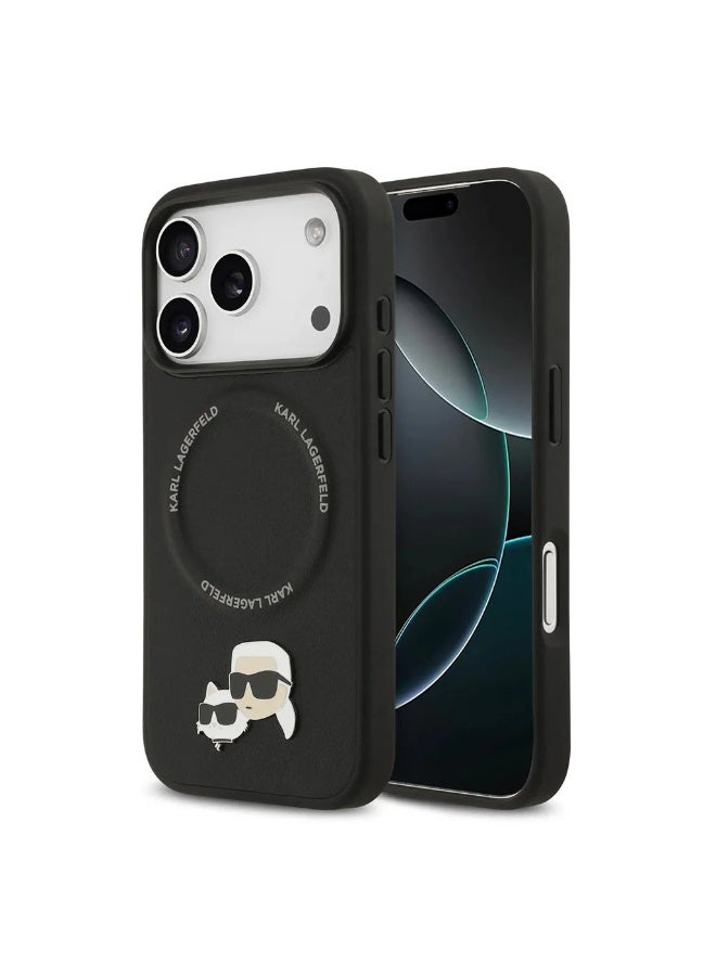 كارل لاغرفيلد جراب كارل لاغرفيلد المصنوع من جلد البولي يوريثان مع دبابيس رأس كارل وشوبيت لجهاز iPhone 17 Pro Max - Image 1