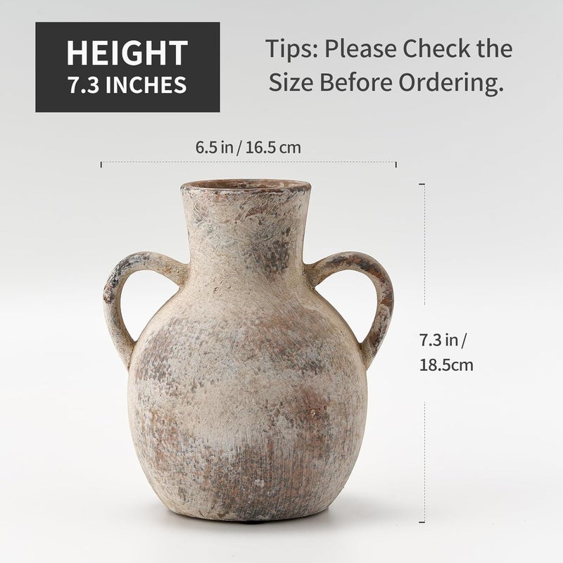 SIDUCAL Rustic Ceramic Farmhouse Flower Vase with 2 Handles, Whitewashed Terra Cotta Vase, Decorative Pottery Flower Vase for Home Decor, Table, Living Room, Shelf Decor, 7.3 Inch, Terra - Image 3