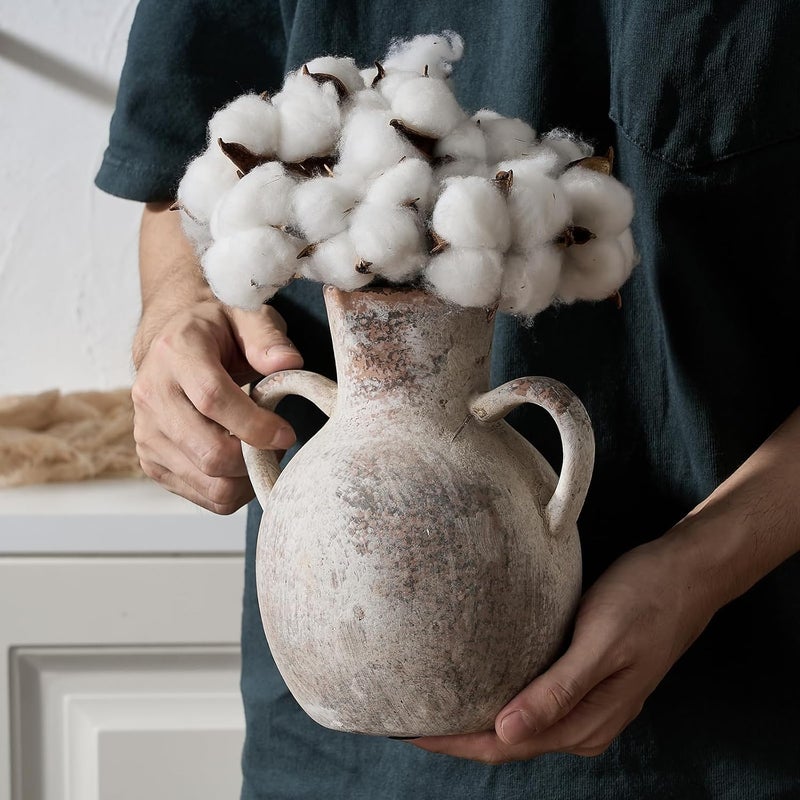 SIDUCAL Rustic Ceramic Farmhouse Flower Vase with 2 Handles, Whitewashed Terra Cotta Vase, Decorative Pottery Flower Vase for Home Decor, Table, Living Room, Shelf Decor, 7.3 Inch, Terra - Image 5
