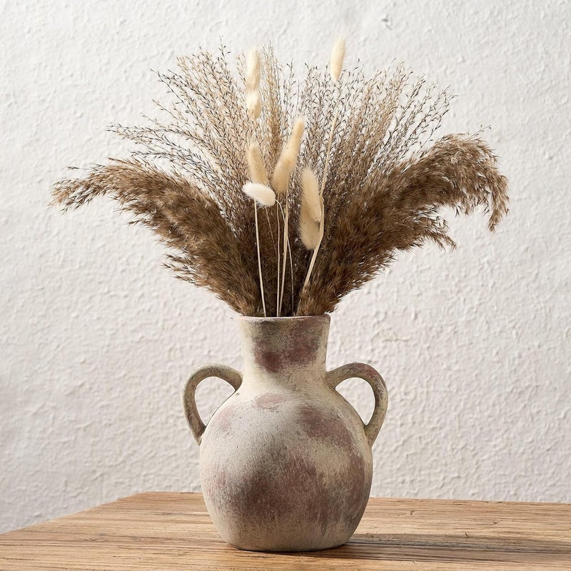 SIDUCAL Rustic Ceramic Farmhouse Flower Vase with 2 Handles, Whitewashed Terra Cotta Vase, Decorative Pottery Flower Vase for Home Decor, Table, Living Room, Shelf Decor, 7.3 Inch, Terra - Image 1