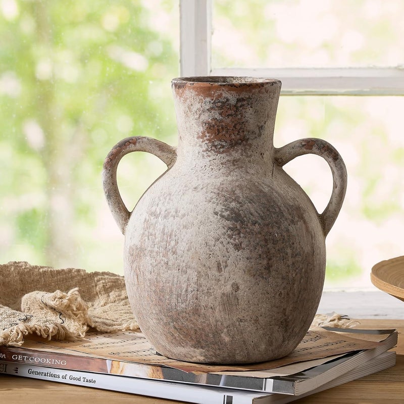 SIDUCAL Rustic Ceramic Farmhouse Flower Vase with 2 Handles, Whitewashed Terra Cotta Vase, Decorative Pottery Flower Vase for Home Decor, Table, Living Room, Shelf Decor, 7.3 Inch, Terra - Image 2