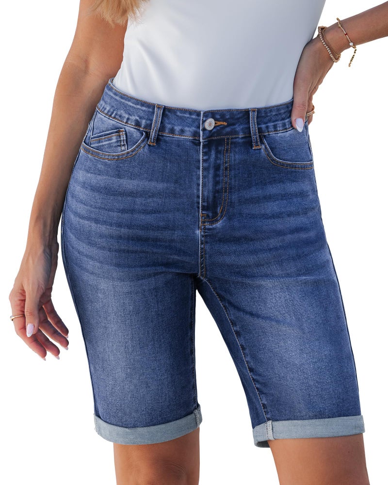 luvamia Bermuda Jean Shorts for Women Knee Length High Waisted Trendy Shorts Jeans for Women Rolled Up Hem Ladies Jean Denim Summer Jorts Classic Blue Size Large US 12 to 14 - Image 1