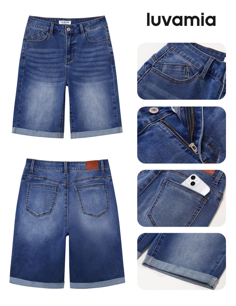 luvamia Bermuda Jean Shorts for Women Knee Length High Waisted Trendy Shorts Jeans for Women Rolled Up Hem Ladies Jean Denim Summer Jorts Classic Blue Size Large US 12 to 14 - Image 5