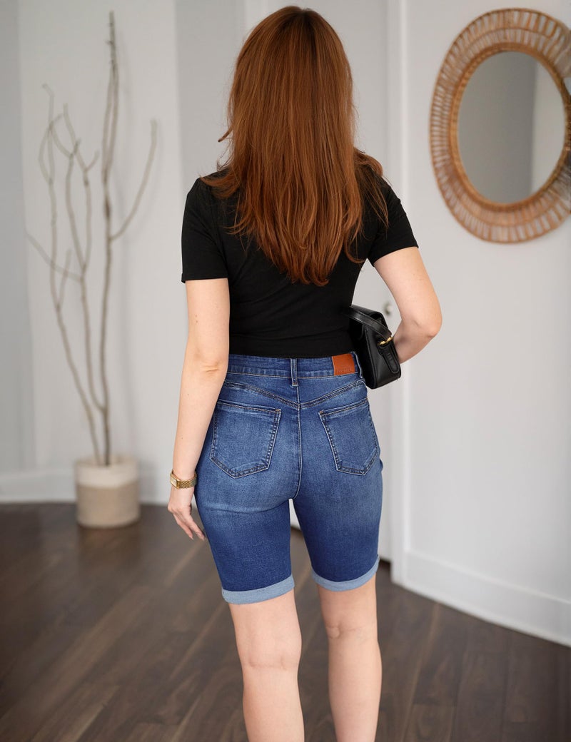 luvamia Bermuda Jean Shorts for Women Knee Length High Waisted Trendy Shorts Jeans for Women Rolled Up Hem Ladies Jean Denim Summer Jorts Classic Blue Size Large US 12 to 14 - Image 3