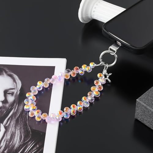 KHOLAD Crystal Phone Wrist Strap Phone Charm Chain Keychain Beaded Cellphone Lanyard with Tether Tab Hands-Free Wristlet Bracelet Wrist Grip Strap for Women (Pink) - Image 2