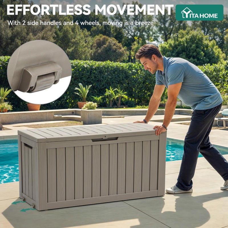 YITAHOME 72 Gallon Outdoor Resin Deck Box with Wheels, Pool Storage Box for Outdoor Cushions, Sports Equipment, Garden Tools, Light Brown - Image 2