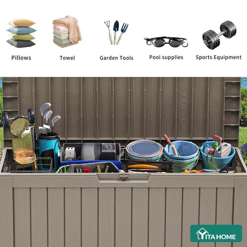 YITAHOME 72 Gallon Outdoor Resin Deck Box with Wheels, Pool Storage Box for Outdoor Cushions, Sports Equipment, Garden Tools, Light Brown - Image 5