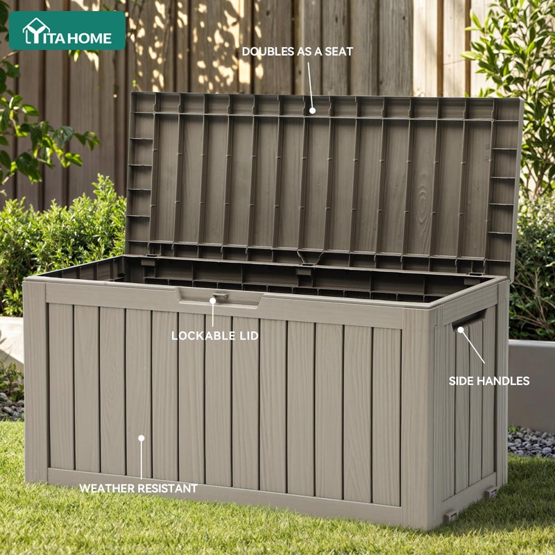 YITAHOME 72 Gallon Outdoor Resin Deck Box with Wheels, Pool Storage Box for Outdoor Cushions, Sports Equipment, Garden Tools, Light Brown - Image 4