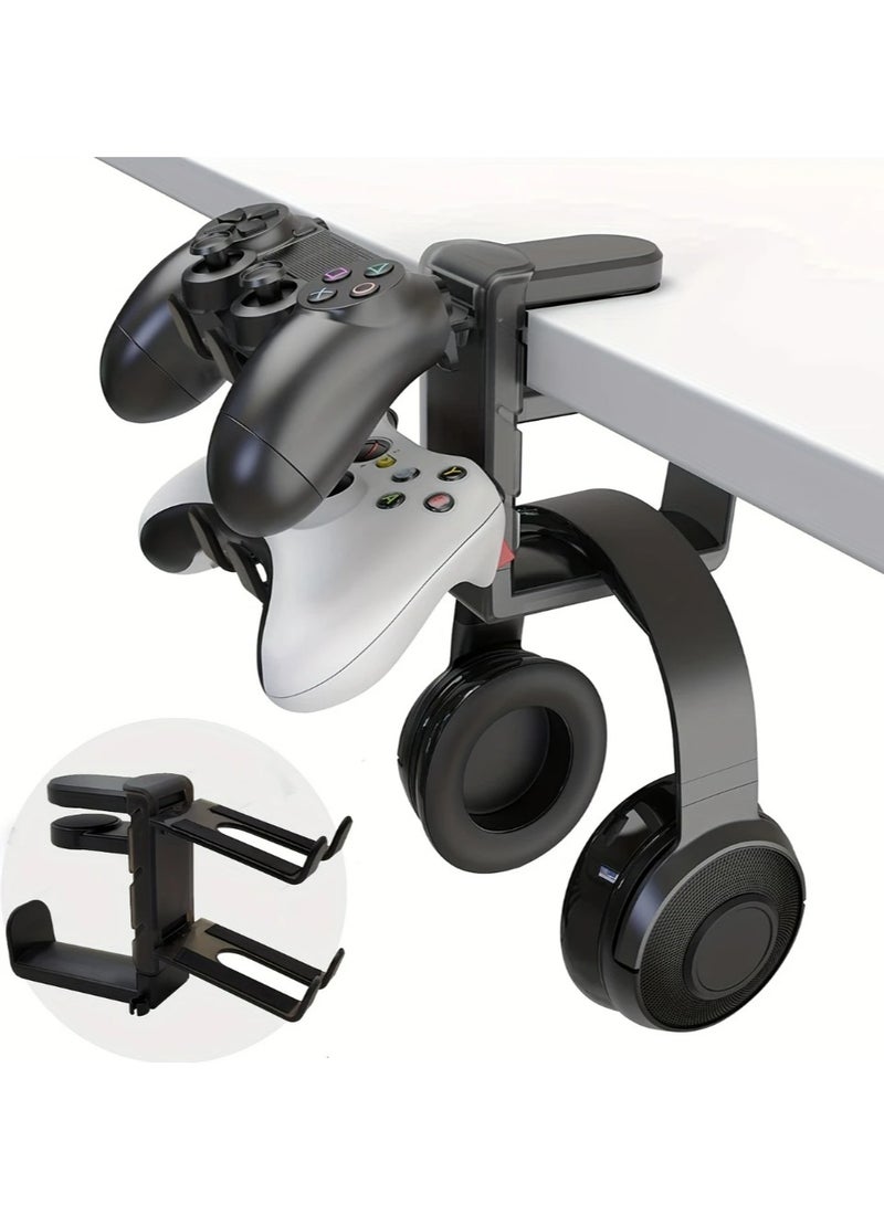 حامل سماعة رأس ووحدة تحكم للألعاب 3 في 1 - مشبك ذراع قابل للتعديل والدوران، حامل سماعة رأس عالمي للتركيب تحت المكتب، مصنوع من مادة ABS، مثالي لملحقات الألعاب، حامل وحدة تحكم | إعدادات الألعاب الحديثة | معدات ألعاب متينة، حامل سماعة رأس - Image 1