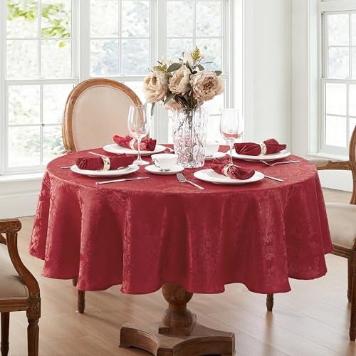 Elrene Home Fashions Caiden Elegance Damask Waterproof Stain Wrinkle Resistant Fabric Tablecloth 70 Round Red - Image 3