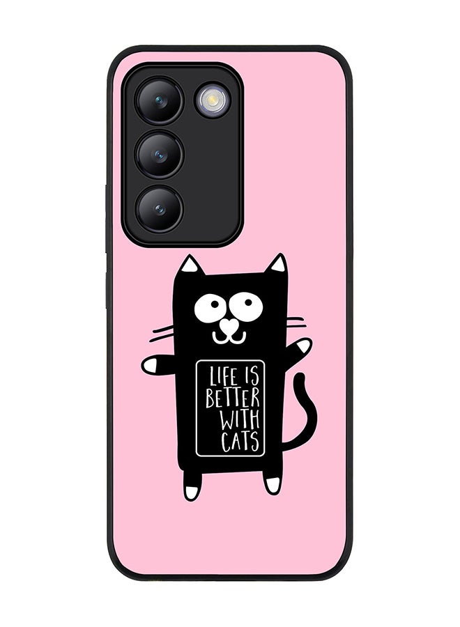 Stylizedd حافظة حواف سوداء متينة لهاتف Vivo V30 Lite 5G، حافظة مرنة رقيقة من TPU جل - الحياة أفضل مع القطط - Image 1