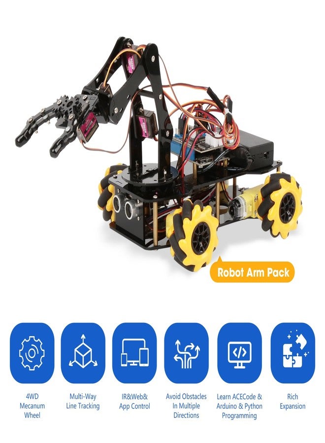 ايسبوت طقم سيارة بذراع روبوت ذكية ACEBOTT بخمس درجات حرية، سيارة رباعية الدفع تعمل بجهاز تحكم عن بعد، متوافقة مع مشاريع برمجة Arduino/Python/Blockly، مناسبة لتعليم العلوم والتكنولوجيا والهندسة والرياضيات، طقم برمجة علمي للمراهقين والبالغين من عمر 12 عامًا فما فوق، هدايا مميزة - Image 2