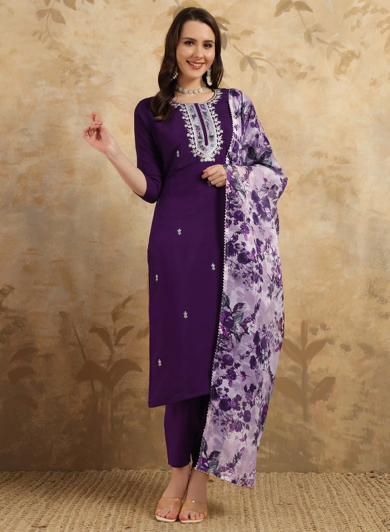 Women's embroidered Purple Kurti with pant and dupatta set pis  - Image 1