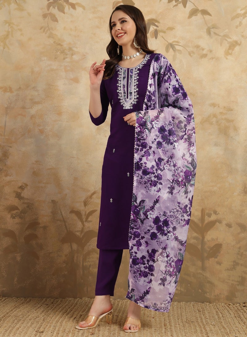 Women's embroidered Purple Kurti with pant and dupatta set pis  - Image 2