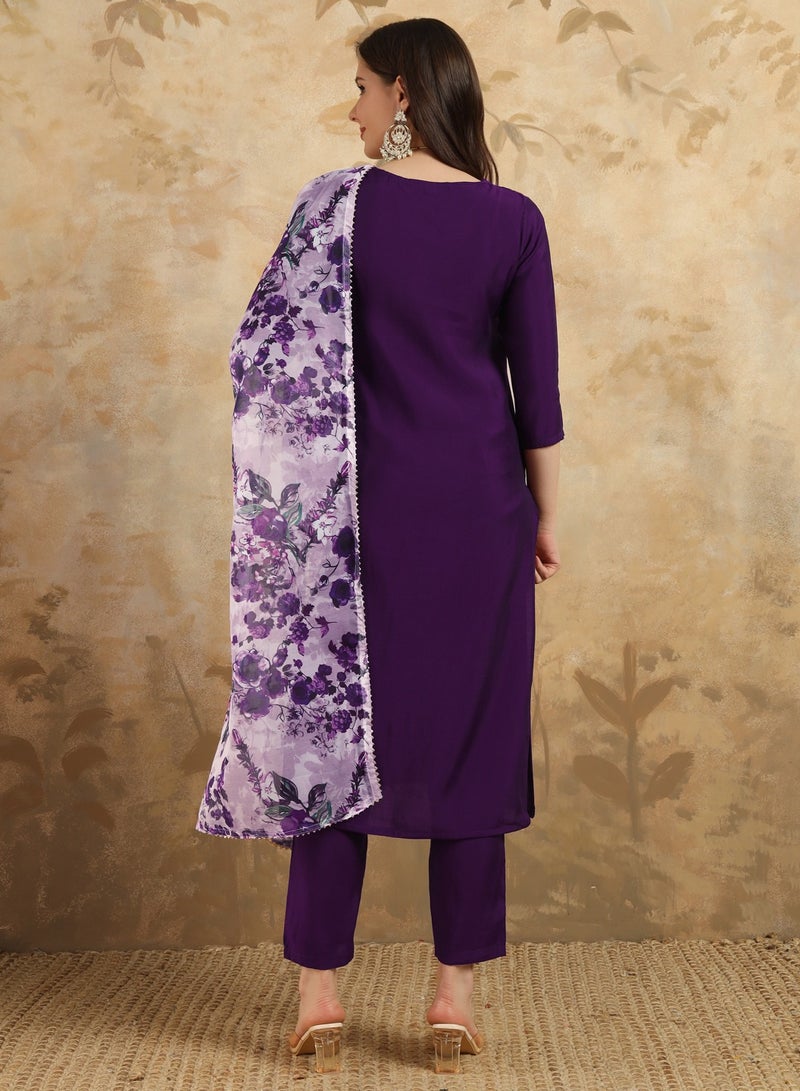 Women's embroidered Purple Kurti with pant and dupatta set pis  - Image 3