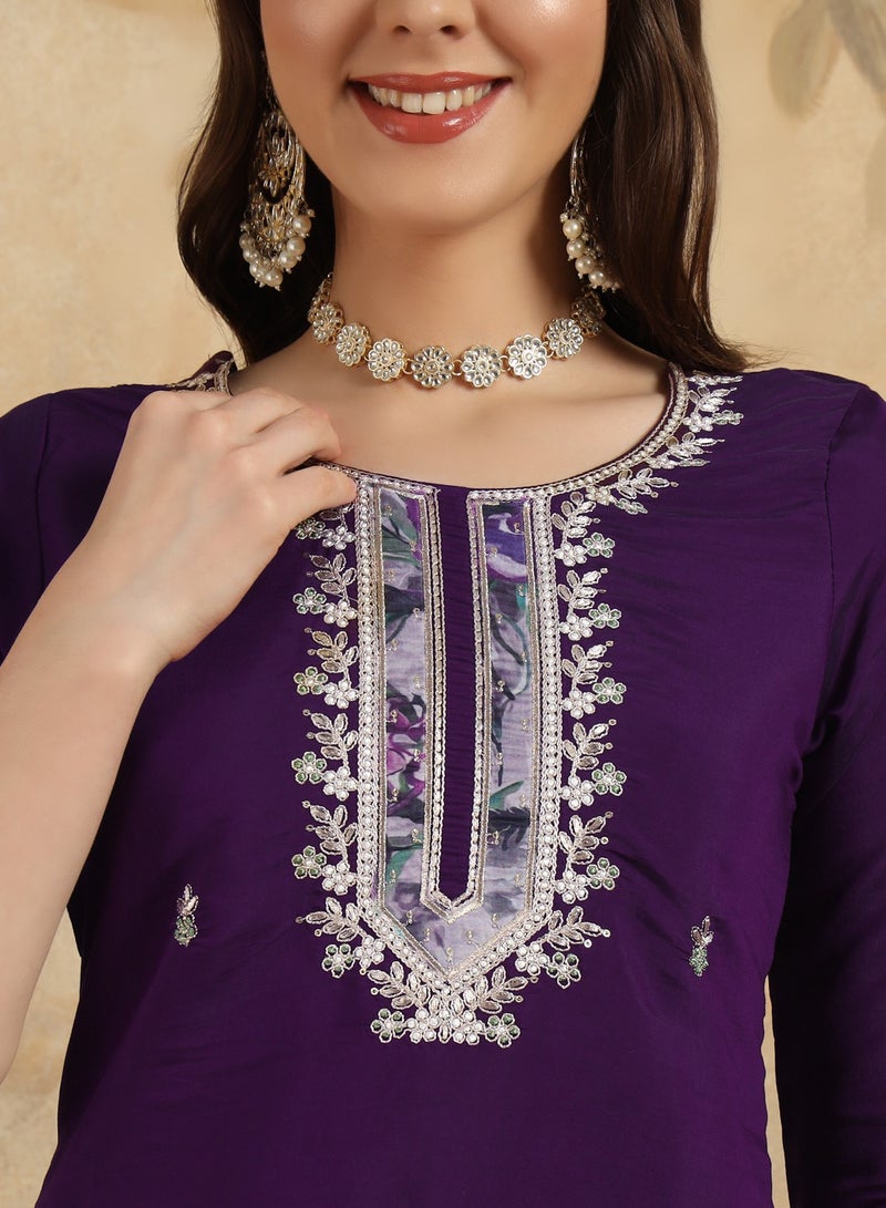 Women's embroidered Purple Kurti with pant and dupatta set pis  - Image 4