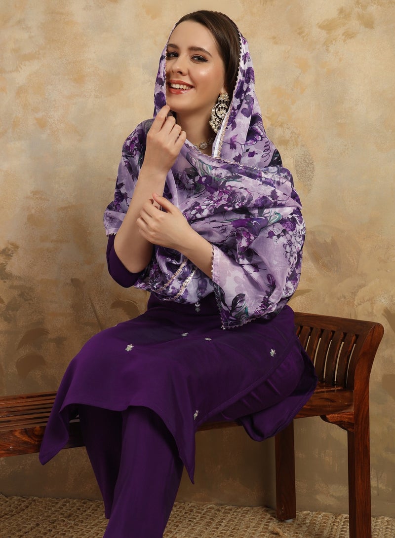 Women's embroidered Purple Kurti with pant and dupatta set pis  - Image 5