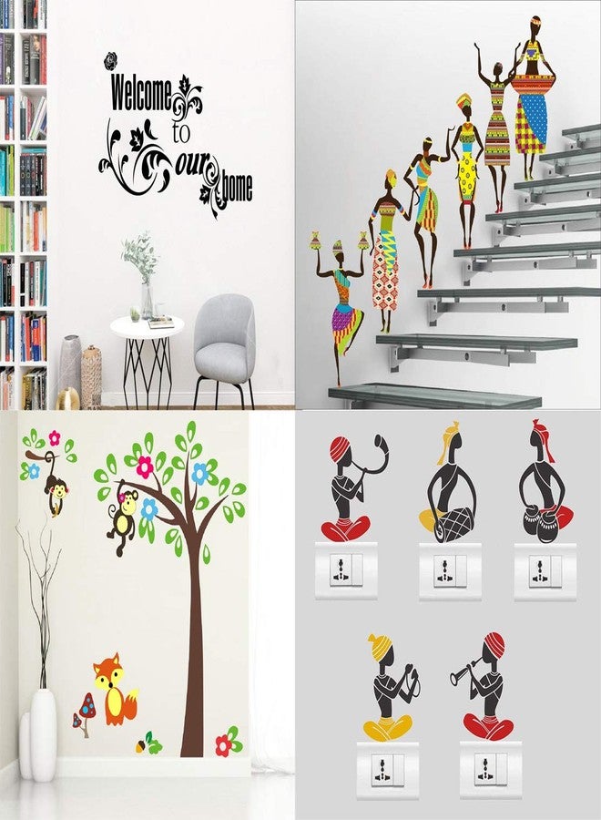 Walltech Combo of 4 Wall Sticker Welcome to Our Home Vine-(76 x46 cms) | Tribal Lady-(180 x 60 cms) | Monkey Hanging on Tree-(120 x 120 cms) | sb Folk Band-(11 x15 cms) - Material Vinyl - Image 1
