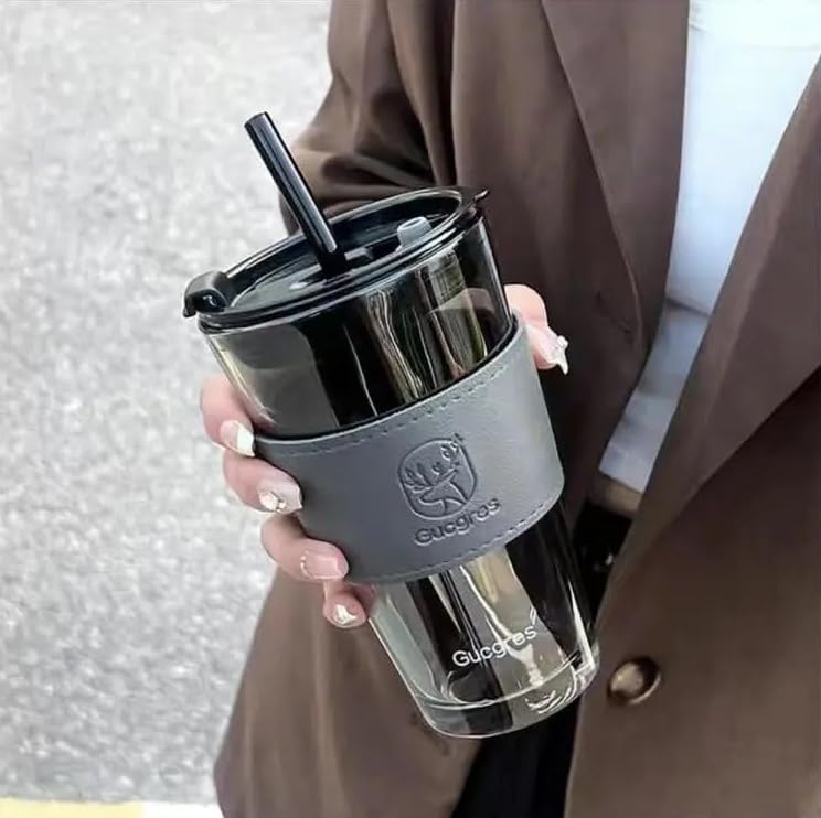 KELVEE Reusable Glass Tumbler with Straw and Airtight Lid Pack of 1, 400ml Travel Leakproof Coffee Sipper with Leather Sleeve Grip Mug for Juice Cocktail Iced Tea Smoothie Hot & Cold Drink Cup (Grey) - Image 1