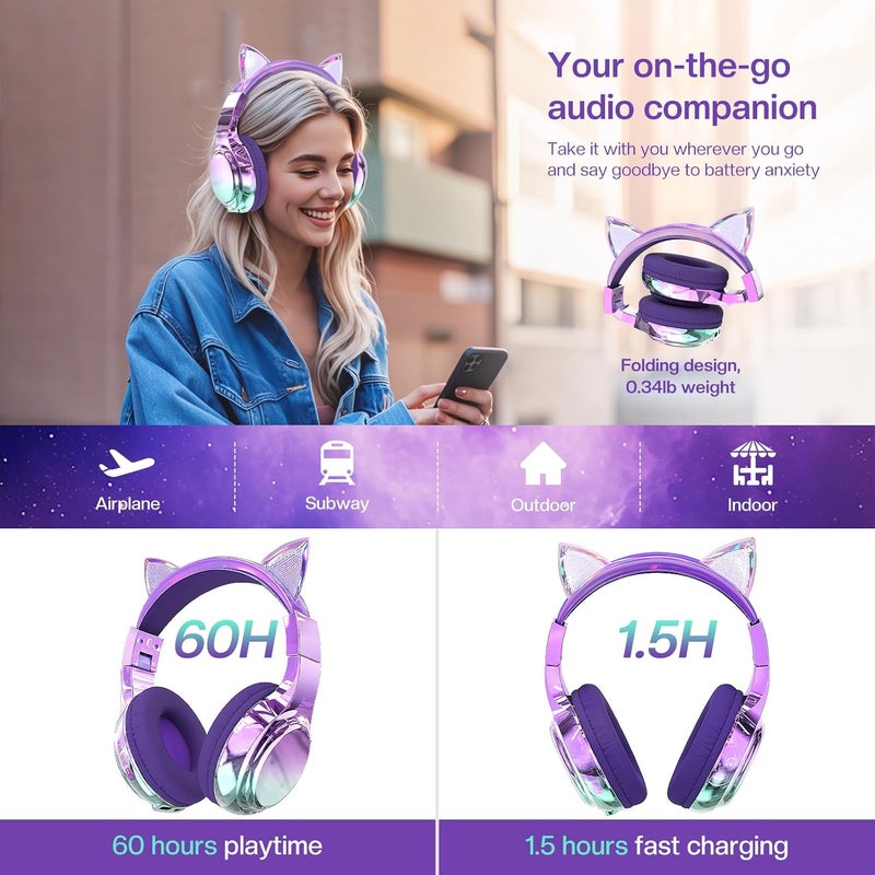 جي واي بي اس سماعات JYPS اللاسلكية للأطفال، تصميم جميل مع لمسة معدنية، تقنية Bluetooth 5.3، مستويات صوت آمنة تتراوح بين 75/85/94 ديسيبل، وقت تشغيل يصل إلى 60 ساعة، صوت استريووي، سماعات للأطفال بتصميم يغطي الأذنين من نوع Type-C، مناسبة لأجهزة iPad/Kindle/Tablet (بلون بنفسجي). - Image 4