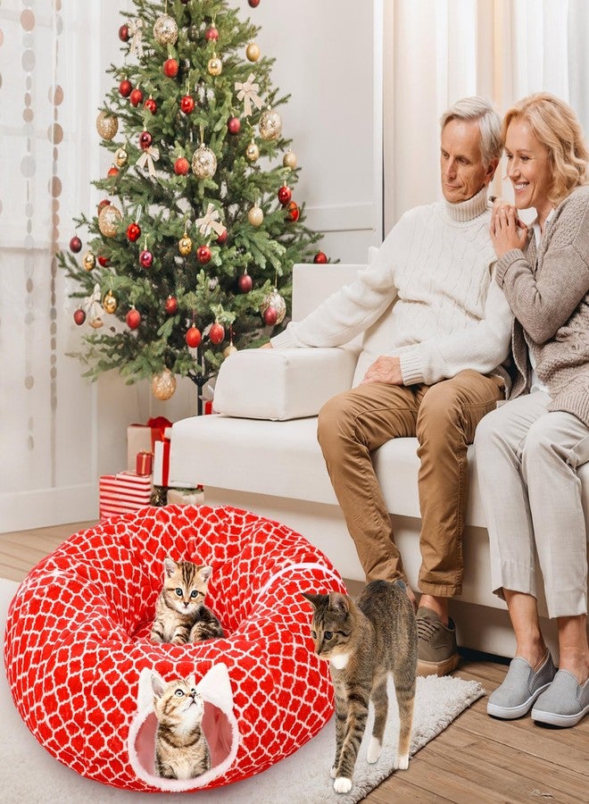 Soulchen Christmas Tree Cat Tunnel Bed 2.62ft x 2.62ft x 10.24inchs Christmas Trees Skirt for Cats Toy Circle Tunnel Xmas Green Red Pet Donut Toys with Washable Cushion for Kitten Felines - Image 5