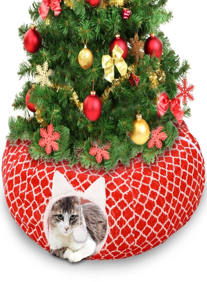 Soulchen Christmas Tree Cat Tunnel Bed 2.62ft x 2.62ft x 10.24inchs Christmas Trees Skirt for Cats Toy Circle Tunnel Xmas Green Red Pet Donut Toys with Washable Cushion for Kitten Felines - Image 1