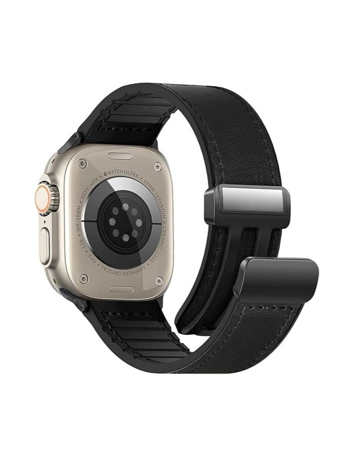 MIGOFAST - Magnetic Leather Watch Band for Apple Watch Ultra 49mm/45mm/44mm/42mm  Magnetic Buckle Genuine Leather Strap for Apple Watch Series Black - Image 1