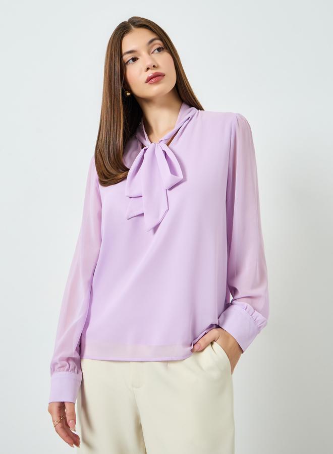 ستايلي بلوزة بنفسجية بأكمام طويلة وربطة عنق - Image 1