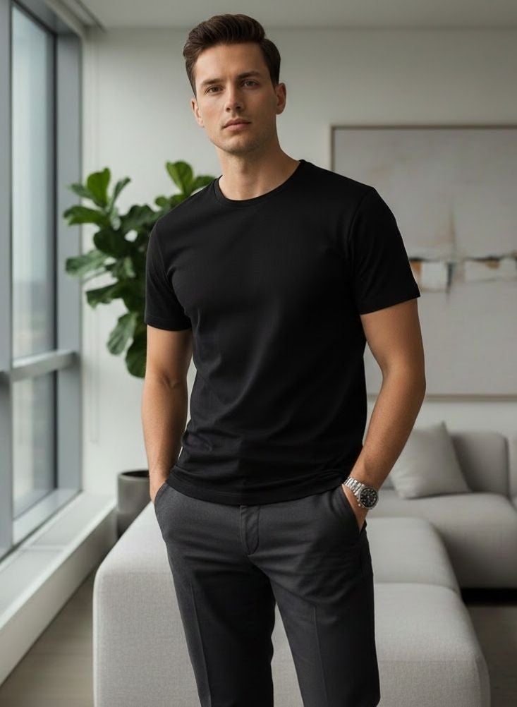 Premium Men’s Black Round Neck T-Shirt – Pack of 2 Cotton Basic Slim Fit Casual Tees - Image 4