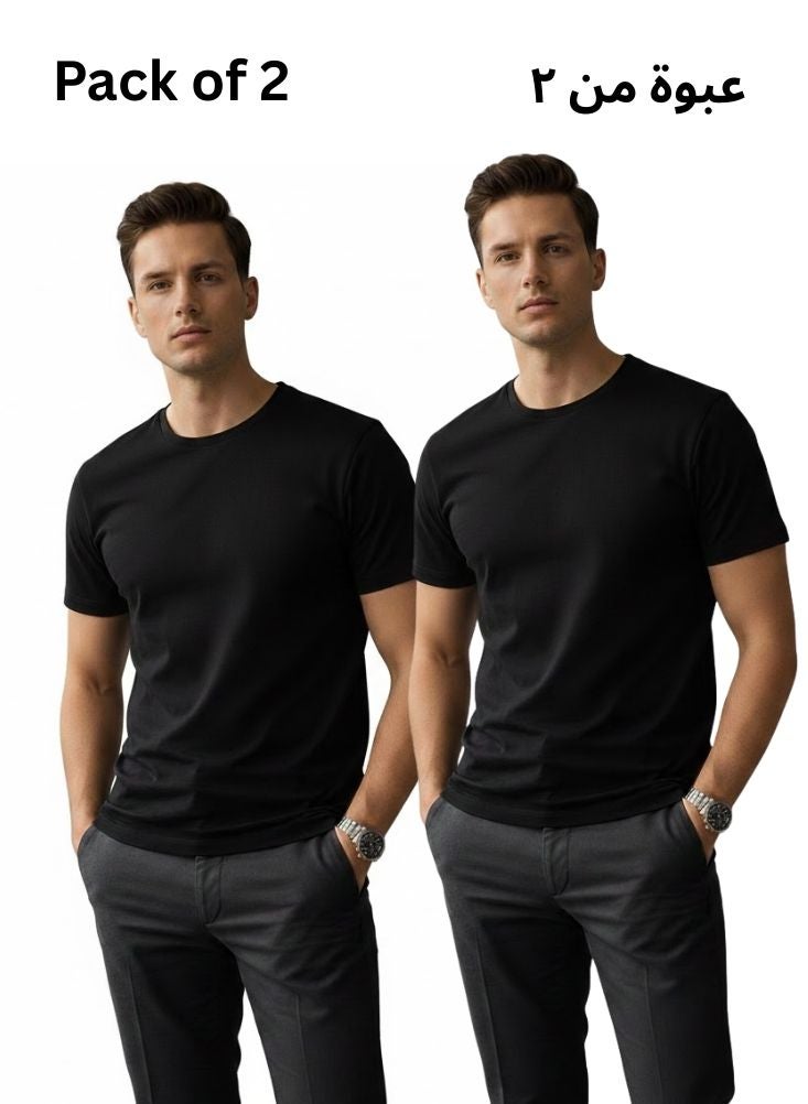 Premium Men’s Black Round Neck T-Shirt – Pack of 2 Cotton Basic Slim Fit Casual Tees - Image 1