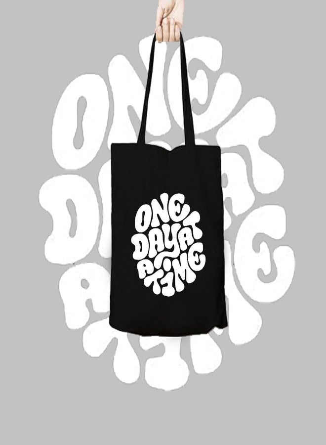 Clapcart Black Canvas Tote Bag for Women | Printed Multipurpose Cotton Zipper Bags | Cute Hand Bag for Girls (One Day at A Time Print) - Image 3