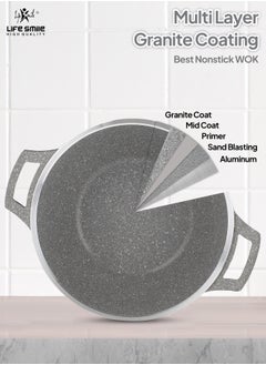 Life Smile Wok Pan with Glass Lid - Induction Bottom Safe Frying Pan Double Handle with Durable Non-Stick Granite Coating - Oven Safe Pan With Wooden Turner  - Image 3