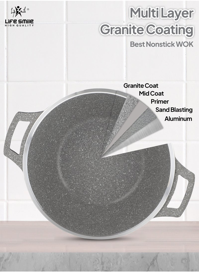 Life Smile - Wok Pan with Glass Lid - Induction Bottom Safe Frying Pan Double Handle with Durable Non-Stick Granite Coating - Oven Safe Pan With Wooden Turner - Image 1
