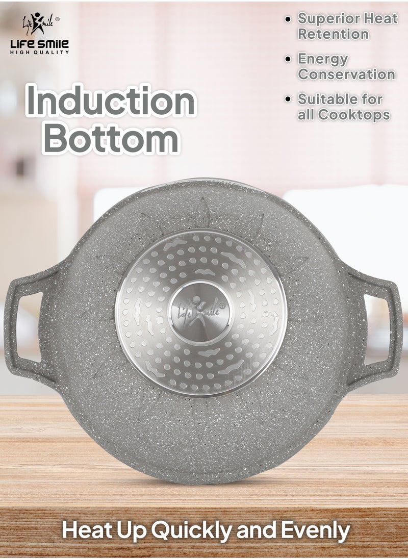 Life Smile - Wok Pan with Glass Lid - Induction Bottom Safe Frying Pan Double Handle with Durable Non-Stick Granite Coating - Oven Safe Pan With Wooden Turner - Image 1
