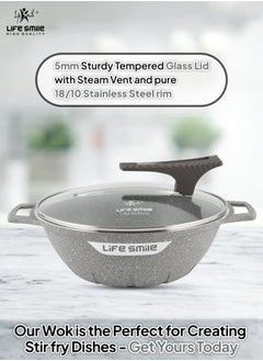 Life Smile Wok Pan with Glass Lid - Induction Bottom Safe Frying Pan Double Handle with Durable Non-Stick Granite Coating - Oven Safe Pan With Wooden Turner  - Image 4