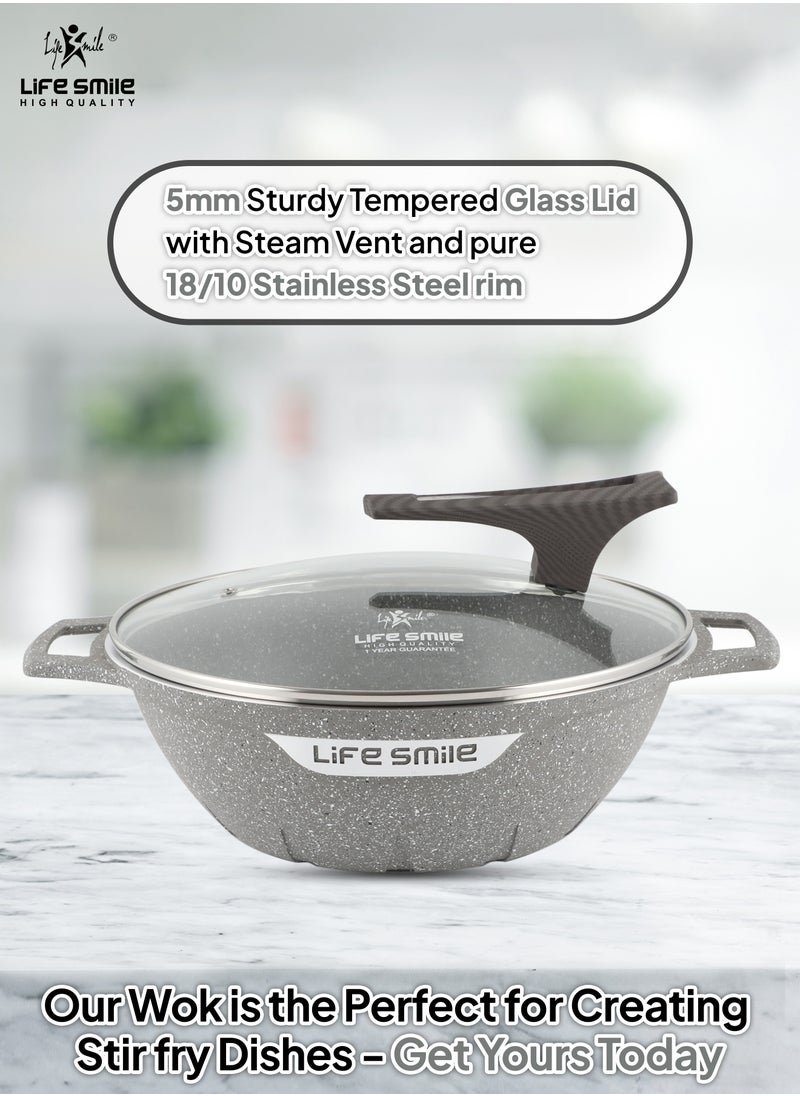 Life Smile - Wok Pan with Glass Lid - Induction Bottom Safe Frying Pan Double Handle with Durable Non-Stick Granite Coating - Oven Safe Pan With Wooden Turner - Image 1