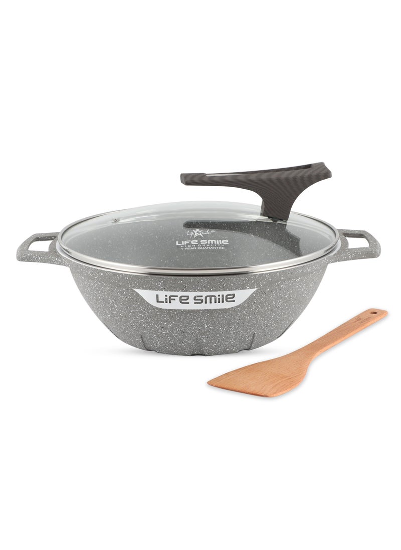 Life Smile - Wok Pan with Glass Lid - Induction Bottom Safe Frying Pan Double Handle with Durable Non-Stick Granite Coating - Oven Safe Pan With Wooden Turner - Image 1