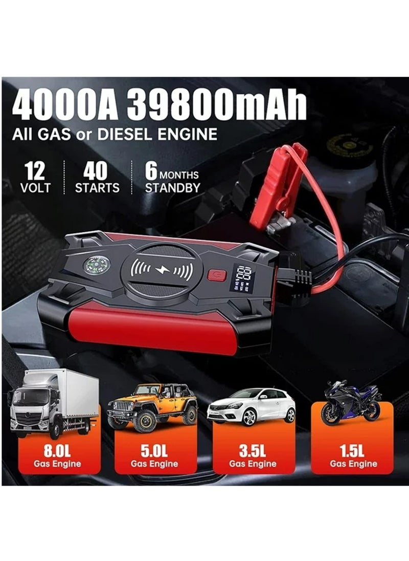 Generic Car Jump Starter 4000 Amp 12V Lithium Car Battery Booster Pack, Portable Power Bank Charger with 10W Wireless Charger and Jumper Cables for All Gas and 8-Liter Diesel Engines,4 LED Modes  - Image 4